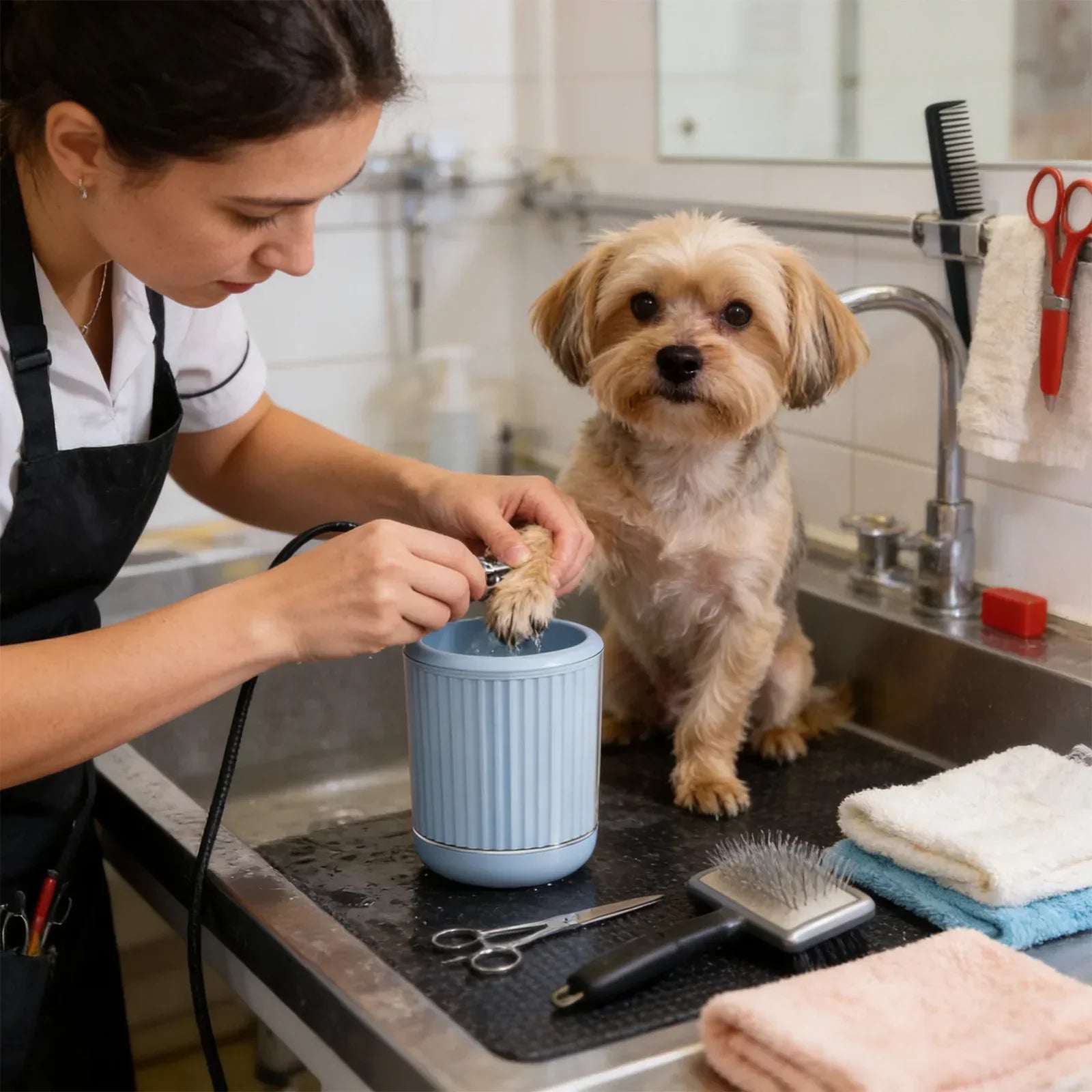 Owner gently cleaning a dog’s paw outdoors using a paw cleaner cup.