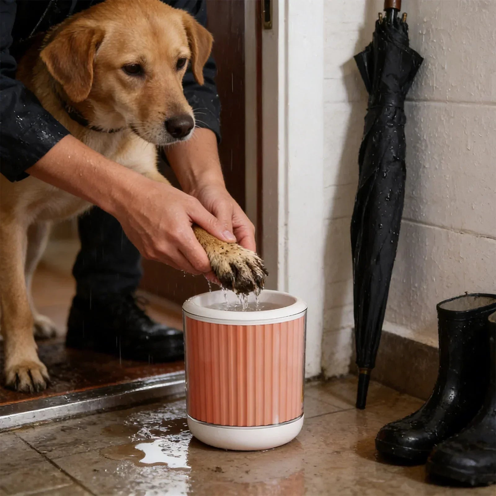 Owner cleaning a dog’s paw outdoors to remove allergens and prevent yeast infections.