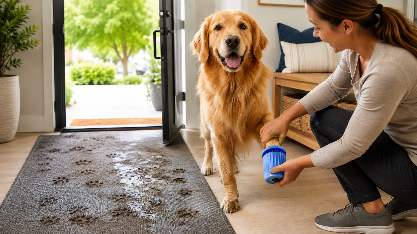 Golden retriever having its muddy paw cleaned with a silicone dog paw cleaner cup after an outdoor walk.