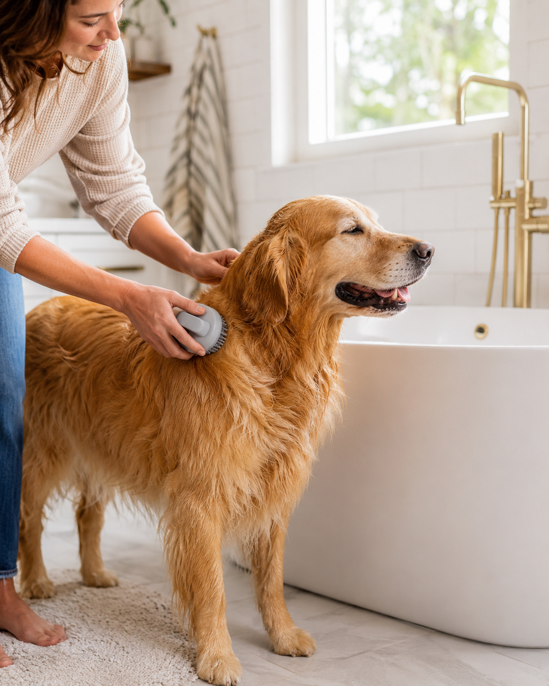 Golden retriever being gently groomed during bath time with a silicone dog bath brush in a modern bathroom.