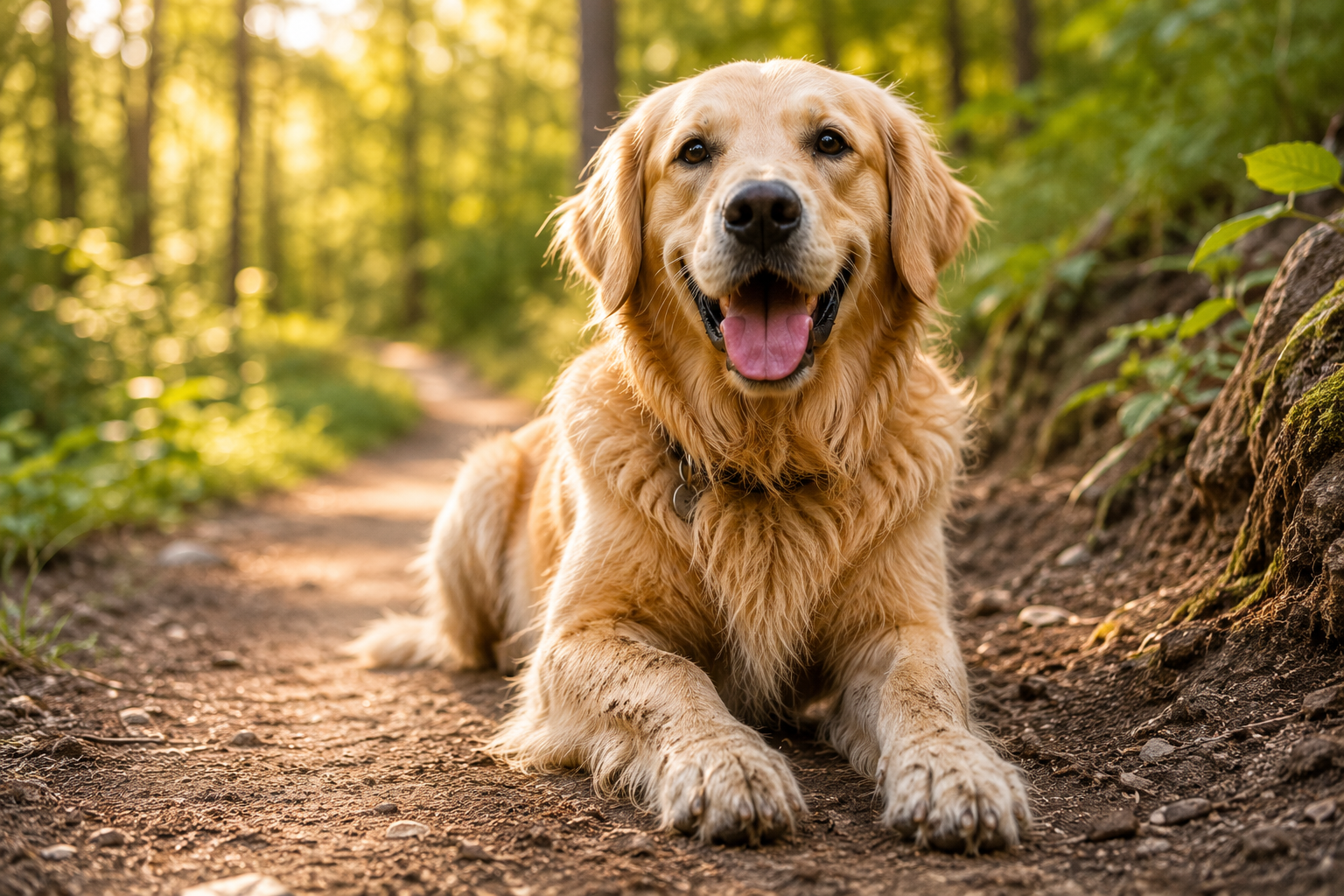 Golden retriever on a woodland trail showing healthy paws and outdoor activity related to cracked dog paw pad prevention and paw care.