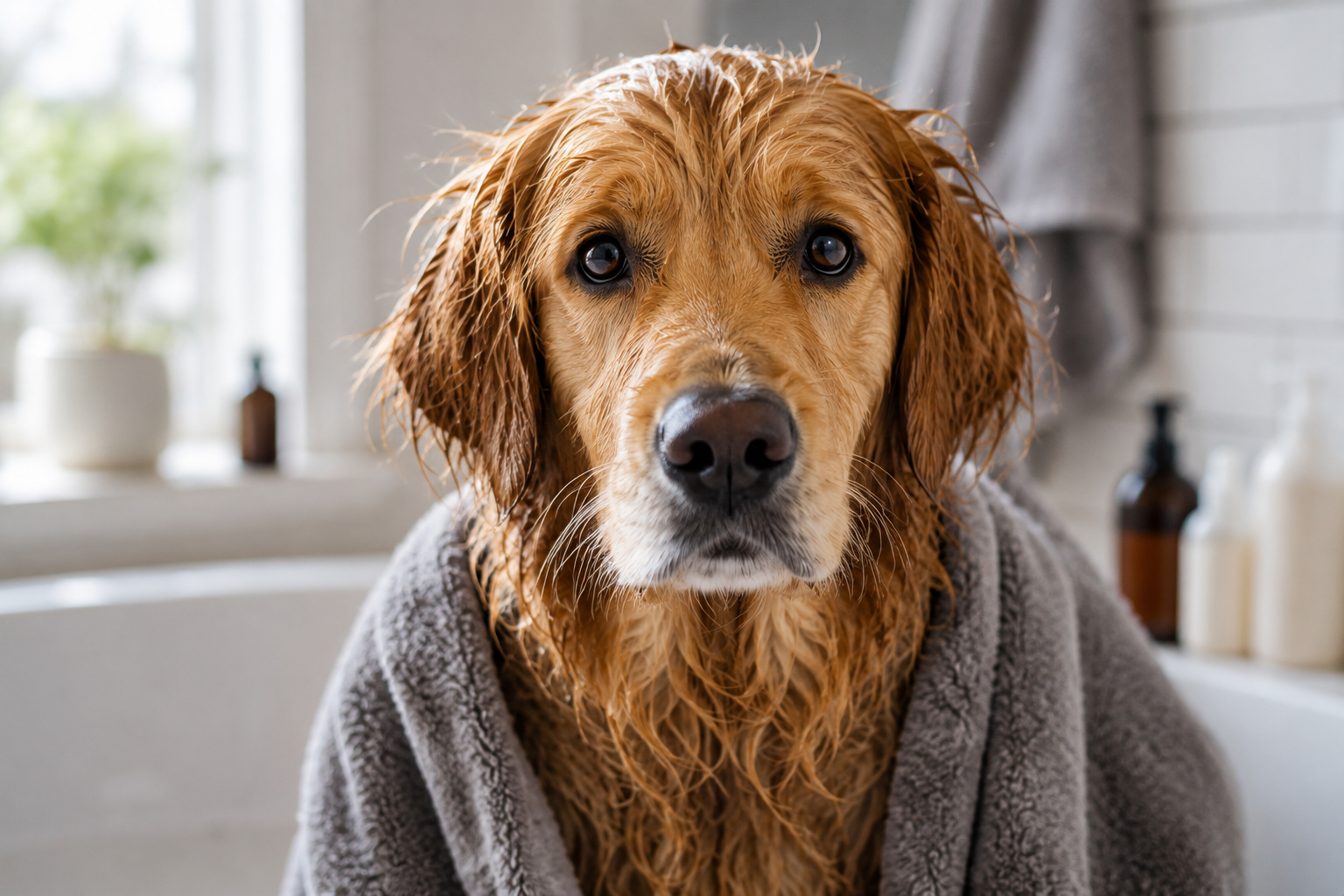 Wet golden retriever wrapped in a towel after a bath sitting indoors in a modern bathroom.