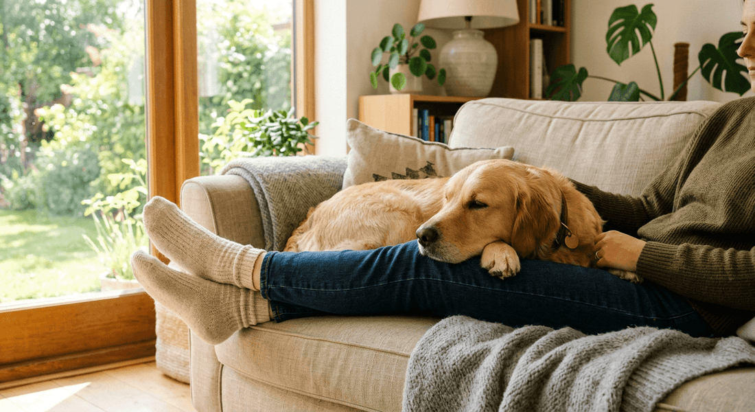 Dog laying calmly on owners lap in modern clean livingroom after getting coat brushed.